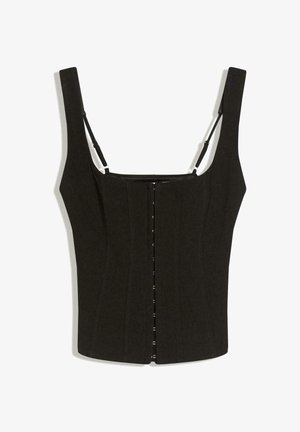 Schwarzes, strukturiertes Korsett-Top mit breiten Trägern, vorne mit Verschluss und vertikalen Nähten für Definition und Formgebung. Glatte Stofftextur.