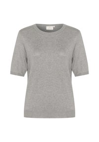 Světle šedý pletený svetr s kulatým výstřihem, krátkým rukávem a žebrovanými manžetami. Měkká textura a hladký povrch, s jednoduchým designem.