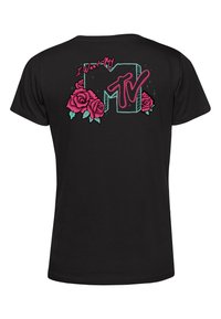 Sort bomulds T-shirt med et pink og teal "MTV" logo omgivet af rosen grafik og teksten "I Want My MTV" ovenfor designet.
