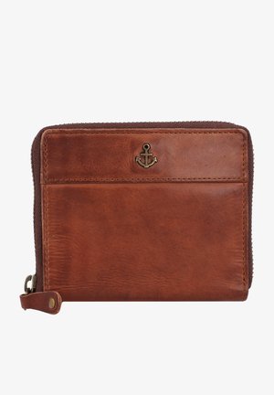 Bruine leren portefeuille met ritssluiting, voorzien van een klein ankerembleem aan de voorkant, gladde textuur en minimalistisch ontwerp.