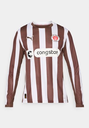 Braun- og hvidstribet langærmet trøje i åndbart stof med rund halsudskæring, Puma-logo og "congstar" sponsorlogo.