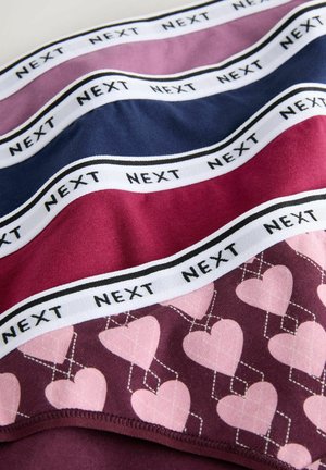 Cotton blend fabric in purple, navy, and burgundy stripes with a white band inscribed "NEXT." One section features a pink heart pattern.