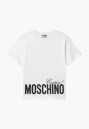 Wit katoenen T-shirt met opvallende zwarte tekst waarop "Moschino" en "Couture!" duidelijk zijn gedrukt. Korte mouwen en een ronde hals.