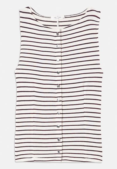 Svītrota bezpiedurkņu blūze ar horizontālām tumši brūnām svītrām uz bēša fona, ar pogu priekšu un gludu, vieglu audumu.