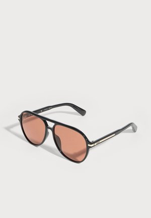 Gafas de sol aviador con montura negra, lentes marrones tintadas y un acento plateado en las patillas sobre un fondo blanco.