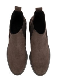Brown suede ankle boots with a smooth texture, elastic side panels, and pull tabs for easy wear. Flat black rubber soles.