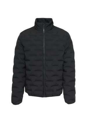 Schwarze Pufferjacke mit einem taillierten Kragen, Vorderreißverschluss, gestepptem Design und elastischen Bündchen für eine enganliegende Passform.