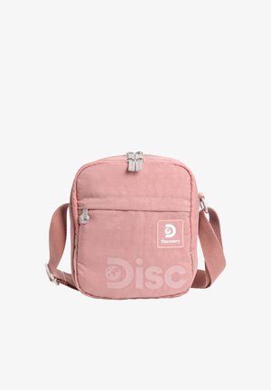 Pink square crossbody bag with front zip pocket, silver zippers, adjustable strap, and Discovery logo on front.