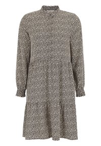 Czarna i kremowa sukienka w kwiaty z długimi rękawami, wysokim dekoltem, zebranym w talii i warstwowym dołem; wykonana z lekkiego materiału o miękkiej fakturze.