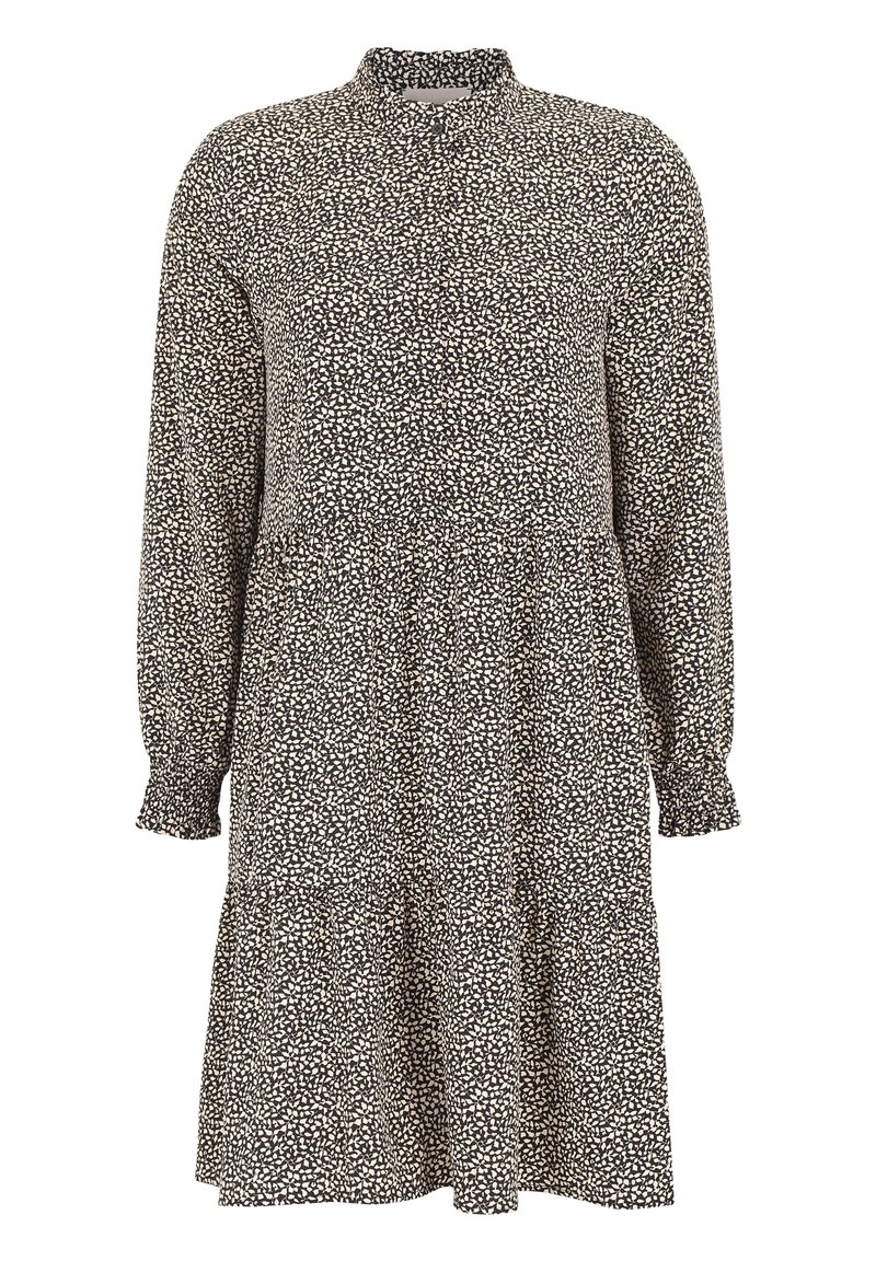 Czarna i kremowa sukienka w kwiaty z długimi rękawami, wysokim dekoltem, zebranym w talii i warstwowym dołem; wykonana z lekkiego materiału o miękkiej fakturze.