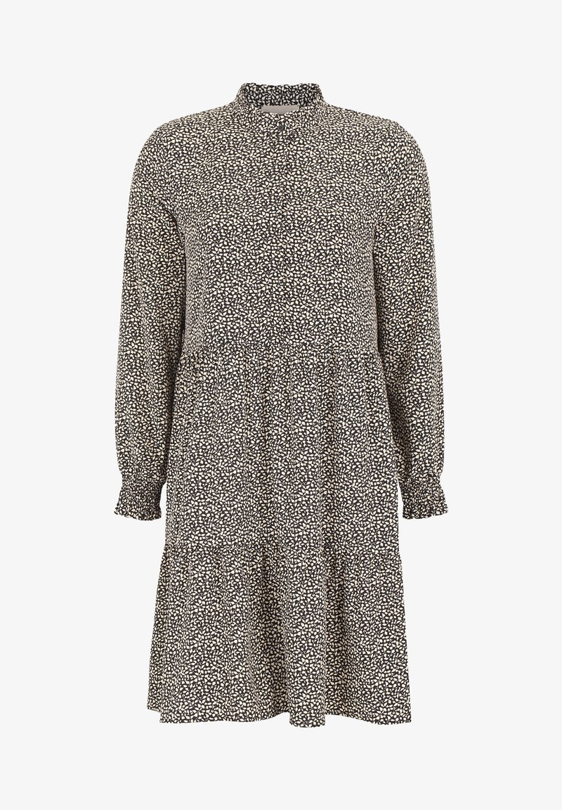 Czarna i kremowa sukienka w kwiaty z długimi rękawami, wysokim dekoltem, zebranym w talii i warstwowym dołem; wykonana z lekkiego materiału o miękkiej fakturze.