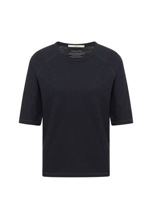 Schwarzes, kurzärmliges T-Shirt aus Bio-Baumwolle mit Rundhalsausschnitt, Raglanärmeln und sichtbaren Nahtdetails.