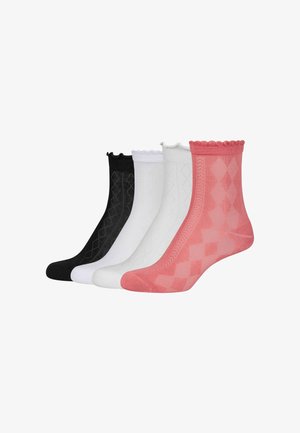 Vier gemusterte Knöchelsocken in Schwarz, Weiß, Elfenbein und Rosa, jeweils mit gewellten Kanten, nebeneinander angeordnet.