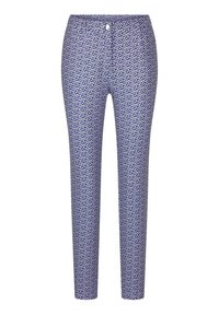 Blauwe en witte gebloemde broek met een getailleerd ontwerp, voorzien van een ritssluiting en knoop, en een soepele stoftextuur.