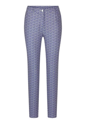 Blauwe en witte gebloemde broek met een getailleerd ontwerp, voorzien van een ritssluiting en knoop, en een soepele stoftextuur.