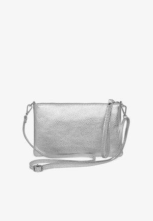 Silver leather clutch bag with a textured surface, a zip closure, and an adjustable strap. Rectangular shape, compact size.
