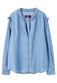 Lysblå, langærmet skjorte med knaplukning i denimstof. Har flæsebesætning rundt om kraven og skuldrene. Rund kant.