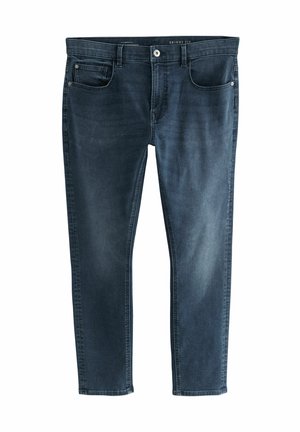 Slim fit jeans i mörkblå denim. Funktioner inkluderar framfickor, bältesöglor och knappstängning. Slät textur med lätt blekning.