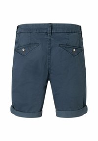 Dunkelblaue Shorts mit umgeschlagenen Säumen und glatter Textur, ausgestattet mit zwei Gesäßtaschen mit Knopfverschlüssen und dekorativen Nähten.