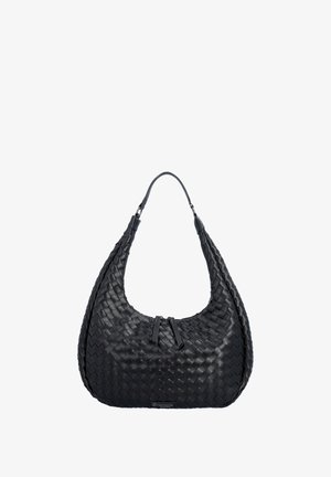 Sac d'épaule en cuir tressé noir avec un haut incurvé, une poignée unique et une fermeture éclair.