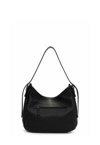 Zwarte leren hobo tas met een gestructureerd oppervlak, enkele schouderriem en een voorvak met rits. De gebogen vorm benadrukt het casual ontwerp.