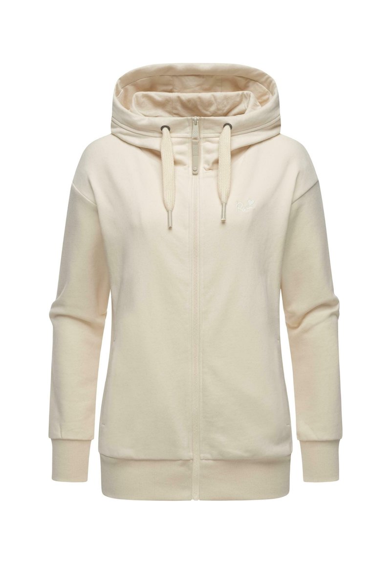 Haut à capuche zippé beige clair avec une capuche spacieuse, des cordons de serrage, deux poches latérales, des poignets côtelés et une texture douce et lisse.