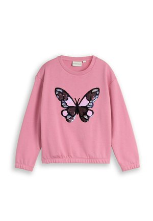 Pinkfarbener Sweatshirt mit langen Ärmeln und einem großen Schmetterlingsdesign aus dunklen und hellen Pailletten auf der Vorderseite.