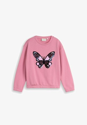 Lyserød sweatshirt med lange ærmer og et stort sommerfugledesign lavet af mørke og lyse palietter på forsiden.