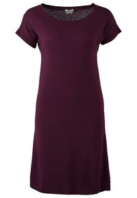 Abito a maniche corte in tessuto a maglia viola intenso, con scollatura rotonda e silhouette morbida, rifinito con un orlo a costine.