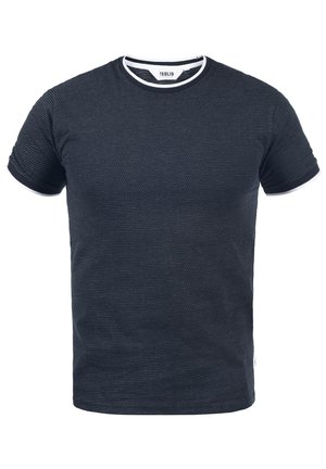 T-shirt a maniche corte blu navy con un motivo testurizzato e colletto e suefelli a coste bianchi. Design versatile adatto per l'abbigliamento casual.