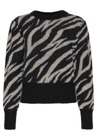 Svart och grå zebra-präglad tröja med rund halsringning, långa ärmar och en kortad design; strukturerat stickat material genom hela plagget.