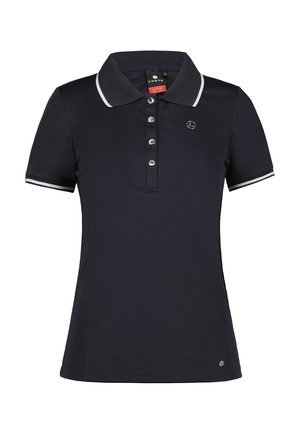 Granatowa koszulka polo z klasycznym kołnierzem, pięcioma guzikami, białymi akcentami na kołnierzu i rękawach oraz małym logo na piersi.