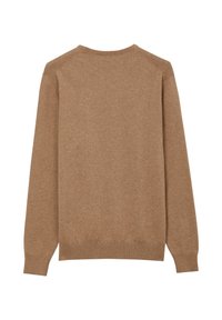 Brauner Pullover, Strickstoff, Rundhalsausschnitt, lange Ärmel, gerippte Bündchen und Saum, einfarbige Textur, Rückansicht angezeigt.