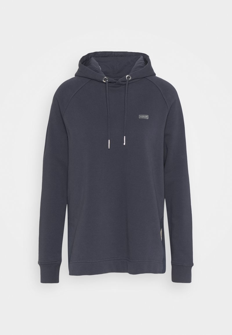 Navy blauwe hoodie van zacht materiaal, met een trekkoordkap, lange raglanmouwen en een klein merklabel aan de voorkant.
