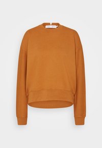 Orange sweatshirt with a crew neckline, dropped shoulders, and ribbed cuffs. The fabric appears soft and has a casual, loose fit.