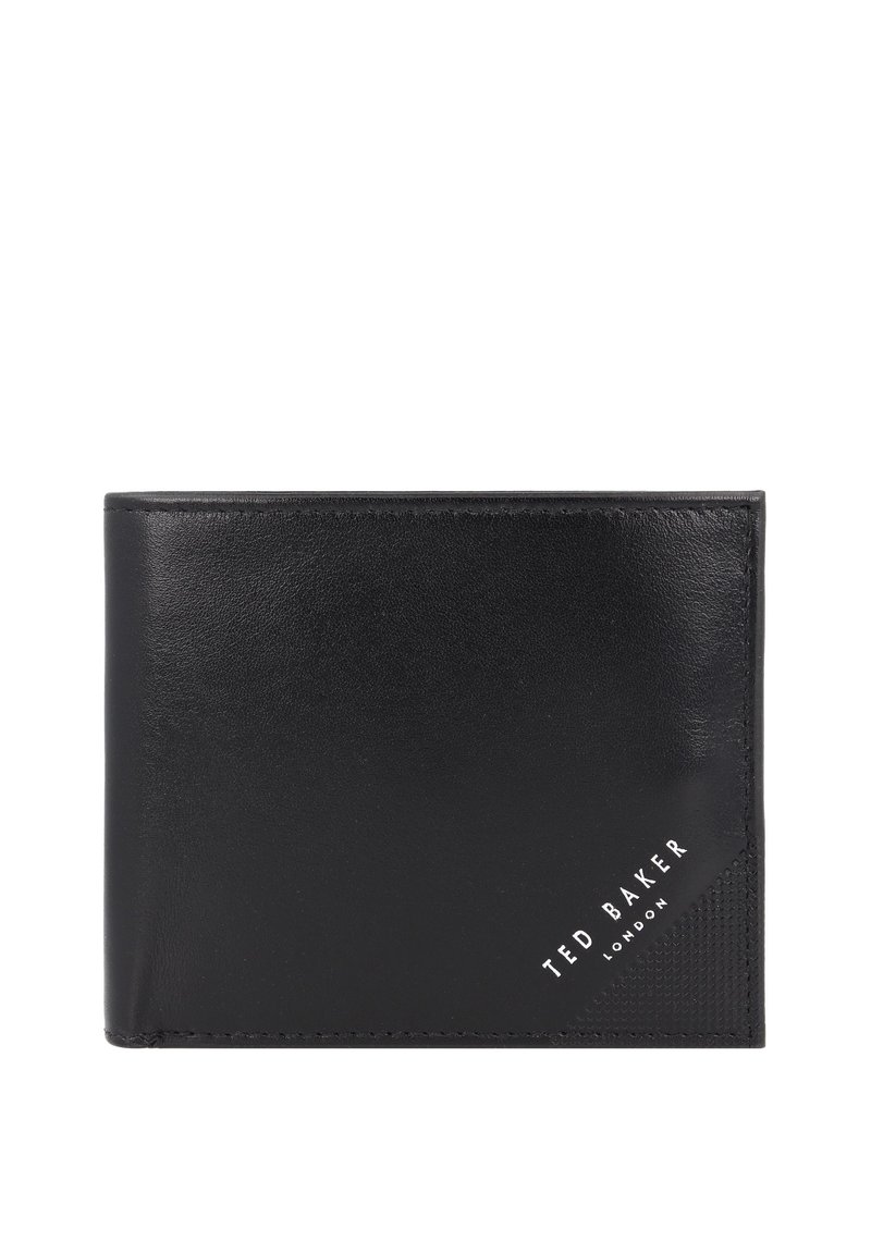 Cartera de piel negra con una textura suave, diseño de dos pliegues y el logo grabado "TED BAKER LONDON" en la esquina inferior derecha.