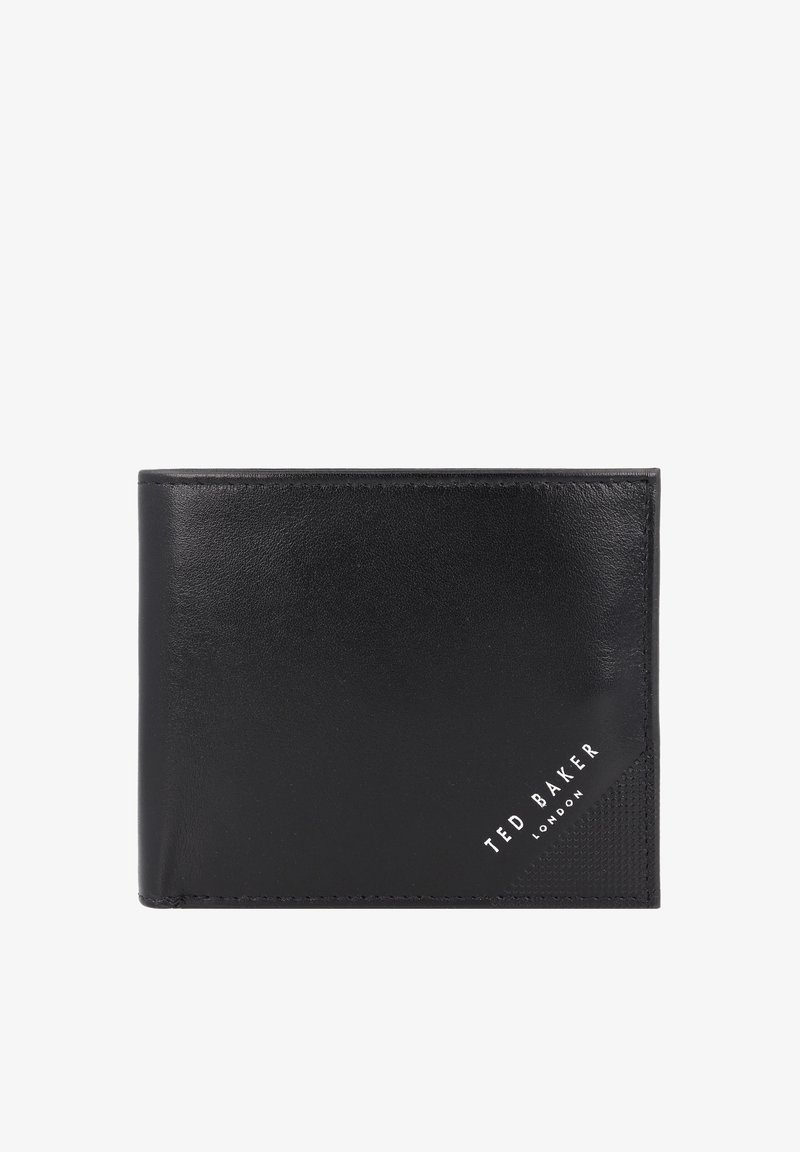 Black leather wallet featuring a smooth texture, bi-fold design, and embossed "TED BAKER LONDON" logo in the bottom right corner.