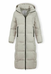 Pitkät, vaaleanharmaat, topatut talvitakit, joissa on huppu, edessä vetoketju, kaksi vetoketjullista sivutaskua ja elastiset hihansuut.