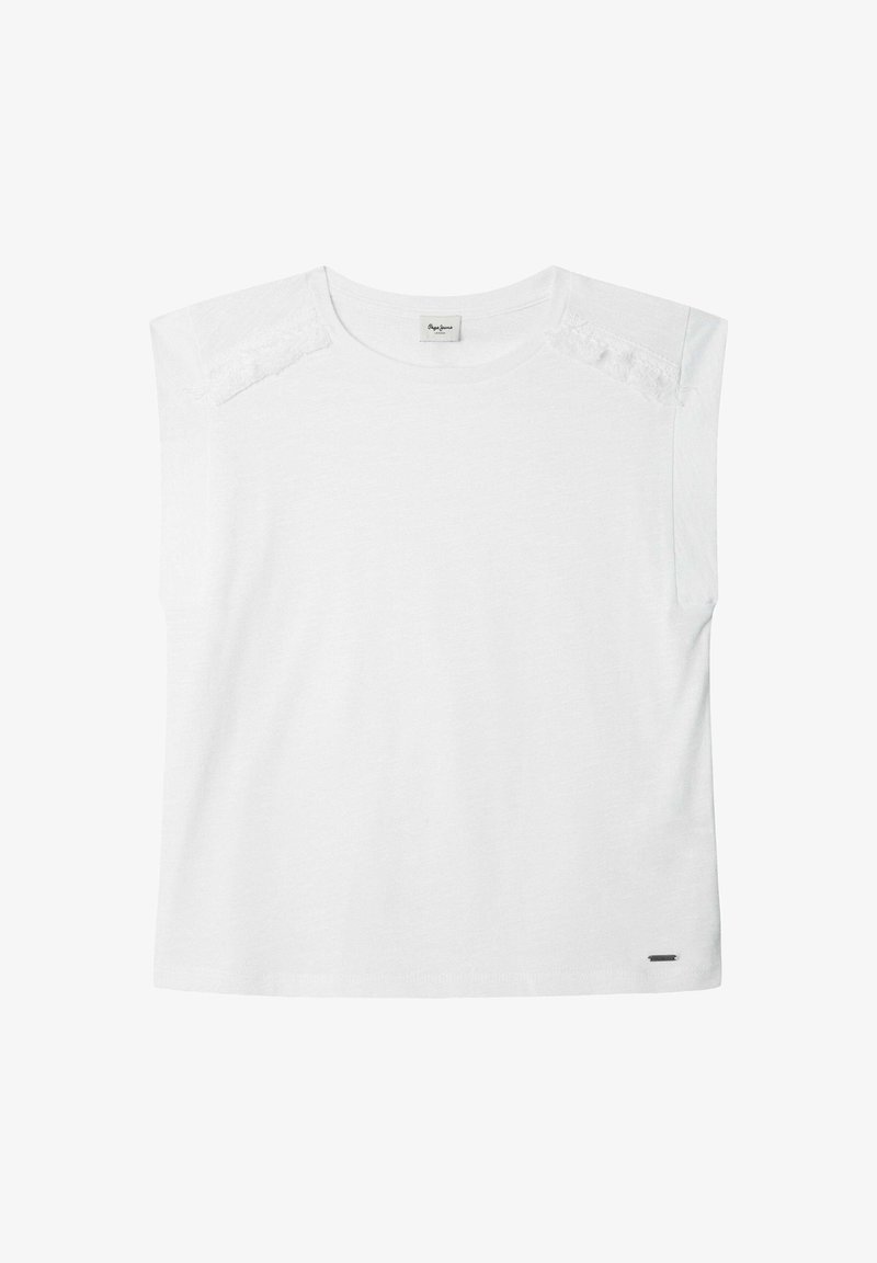 Biele tričko s krátkym rukávom vyrobené z jemnej bavlny. Má textúrované akcenty na pleciach a jemne zakrivený lem na spodnej časti.