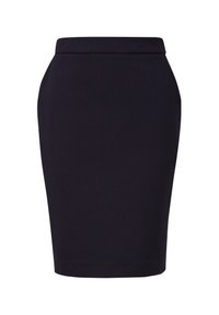 Jupe crayon noire à silhouette ajustée, texture lisse et taille discrète. Sans motifs ni ornements.