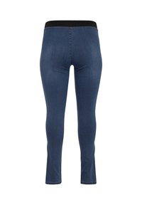 Leggings en denim bleu foncé avec une texture lisse, un design ajusté et une taille élastique noire. Aucun motif ou accent visible.