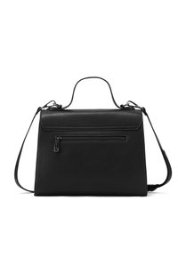 Borsa a mano in pelle nera con un design strutturato, manico superiore e tracolla regolabile. Presenta una tasca frontale con zip e una texture liscia.