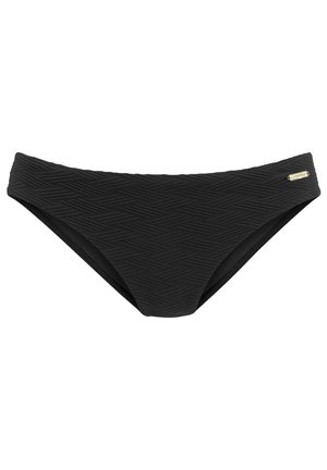 Slip bikini neri con motivo a zigzag testurizzato, caratterizzati da un design a vita bassa e un piccolo logo dorato sul lato.
