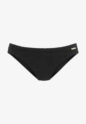 Zwarte bikini slip met een gestructureerd zigzagpatroon, met een lage taille en een klein gouden logo accent aan de zijkant.