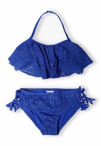 Blue crochet bikini set featuring a ruffled top and patterned bottoms with tie accents. Made of soft, stretchy fabric for comfort.