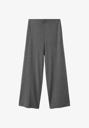 Grijze wijde broekspijpen gemaakt van een zachte, gestructureerde stof. Heeft een hoge taille en een relaxte pasvorm, zonder zichtbare hardware of patronen.