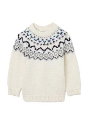 Pull en maille à col rond en crème, présentant un design géométrique bleu, gris et noir au niveau du yoke ; finition texturée et douce avec des poignets côtelés.
