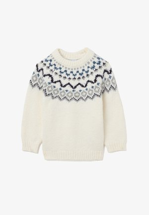 Maglione a girocollo lavorato a maglia in crema, con un design geometrico blu, grigio e nero nella zona delle spalle; finitura morbida e testurizzata con polsini a costine.