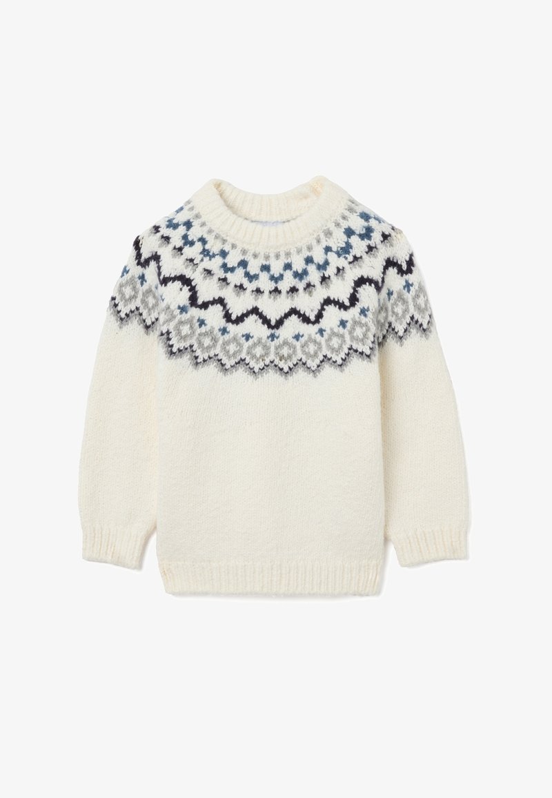 Gestrickter Rundhalspullover in Creme, mit einem geometrischen Design in Blau, Grau und Schwarz am Schulterbereich; strukturierte, weiche Oberfläche mit gerippten Bündchen.