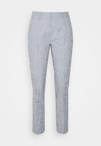 Randiga byxor i lättviktsmaterial; vertikala blå och vita ränder; slim fit; mid-rise midja; dold framknäppning; bälteshällor.